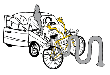 Line drawing of a car crashed into bike racks