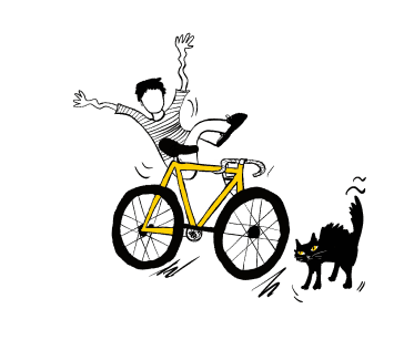 Line drawing of a boy on a bicycle near a truck