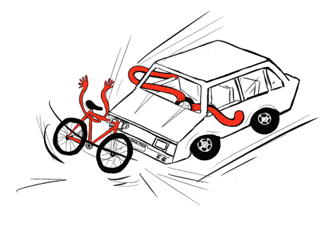 Car and bicycle collision with people reduced to red shapes