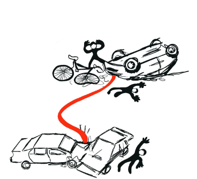Two separate crash scenes connected by a red arrow