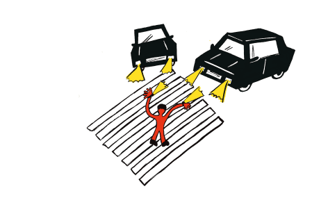 Cars facing a person on a crosswalk with arms raised