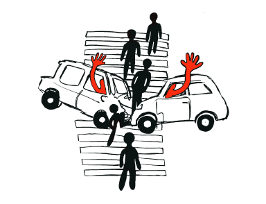 Car crashing into pedestrians with shrugging red hands