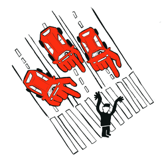 Cars approaching a pedestrian with a pointing hand