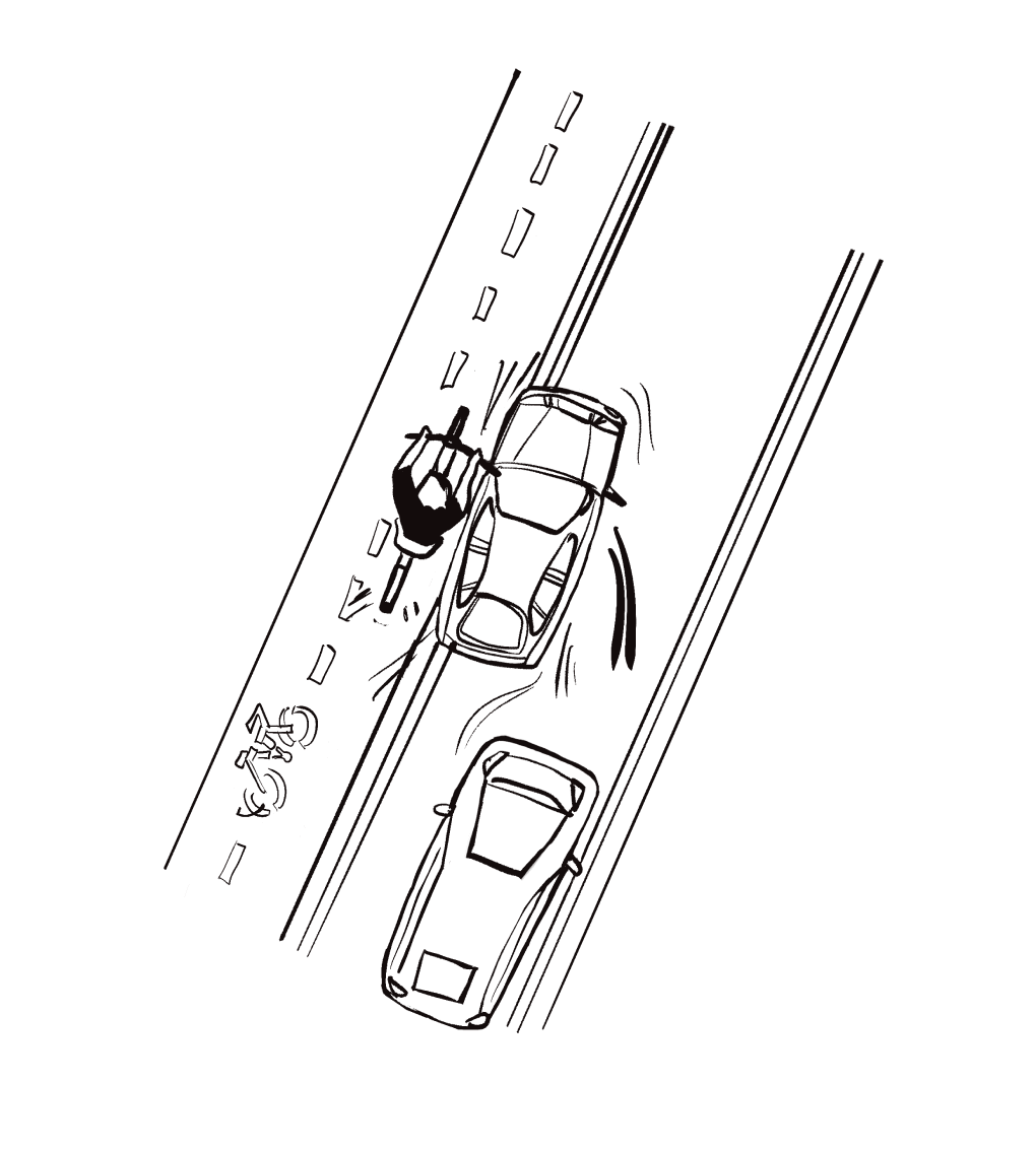 Top-down line drawing of cars and a cyclist on a road with a bike lane