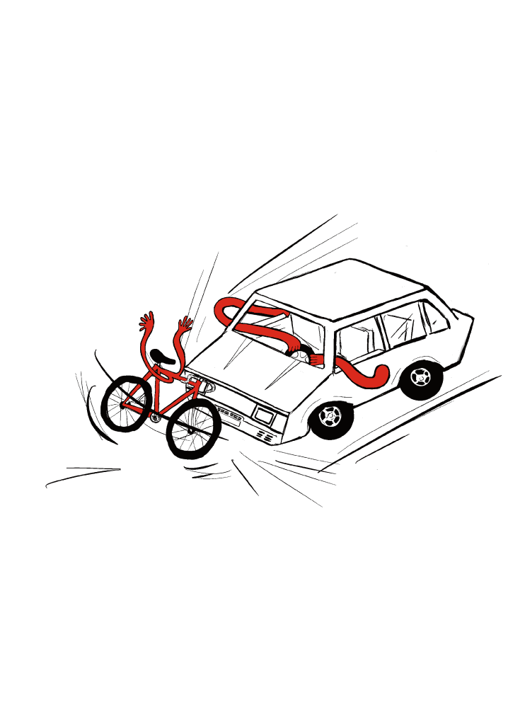 Line drawing of a car and bicycle collision, with people shown as red figures