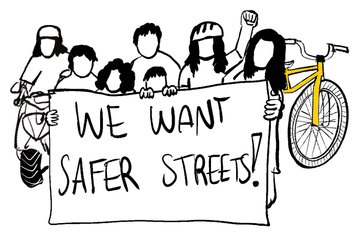 Illustration of people holding a We want safer streets banner
